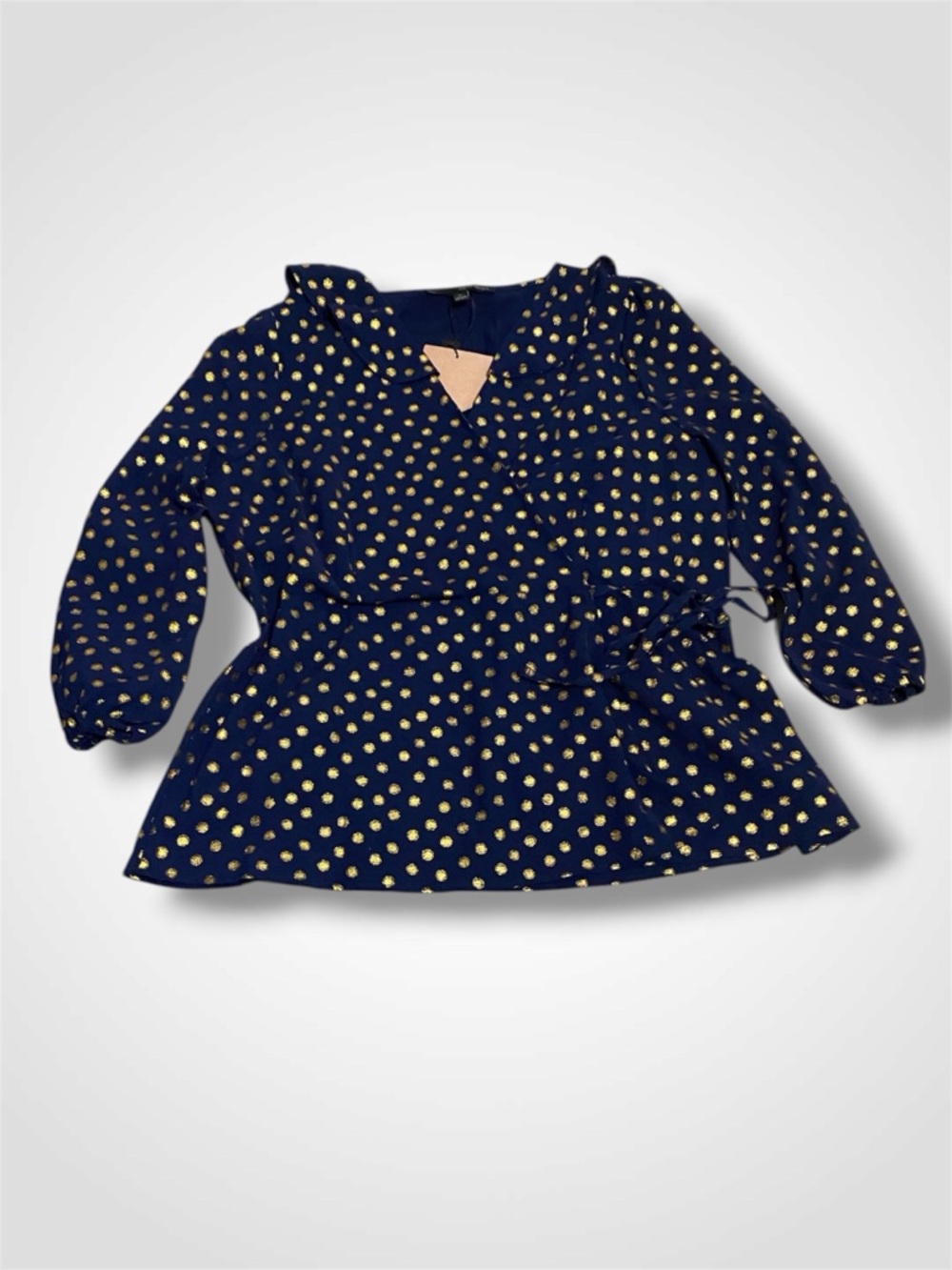 Harvé Benard Navy Blouse with Gold Dot Embroidery